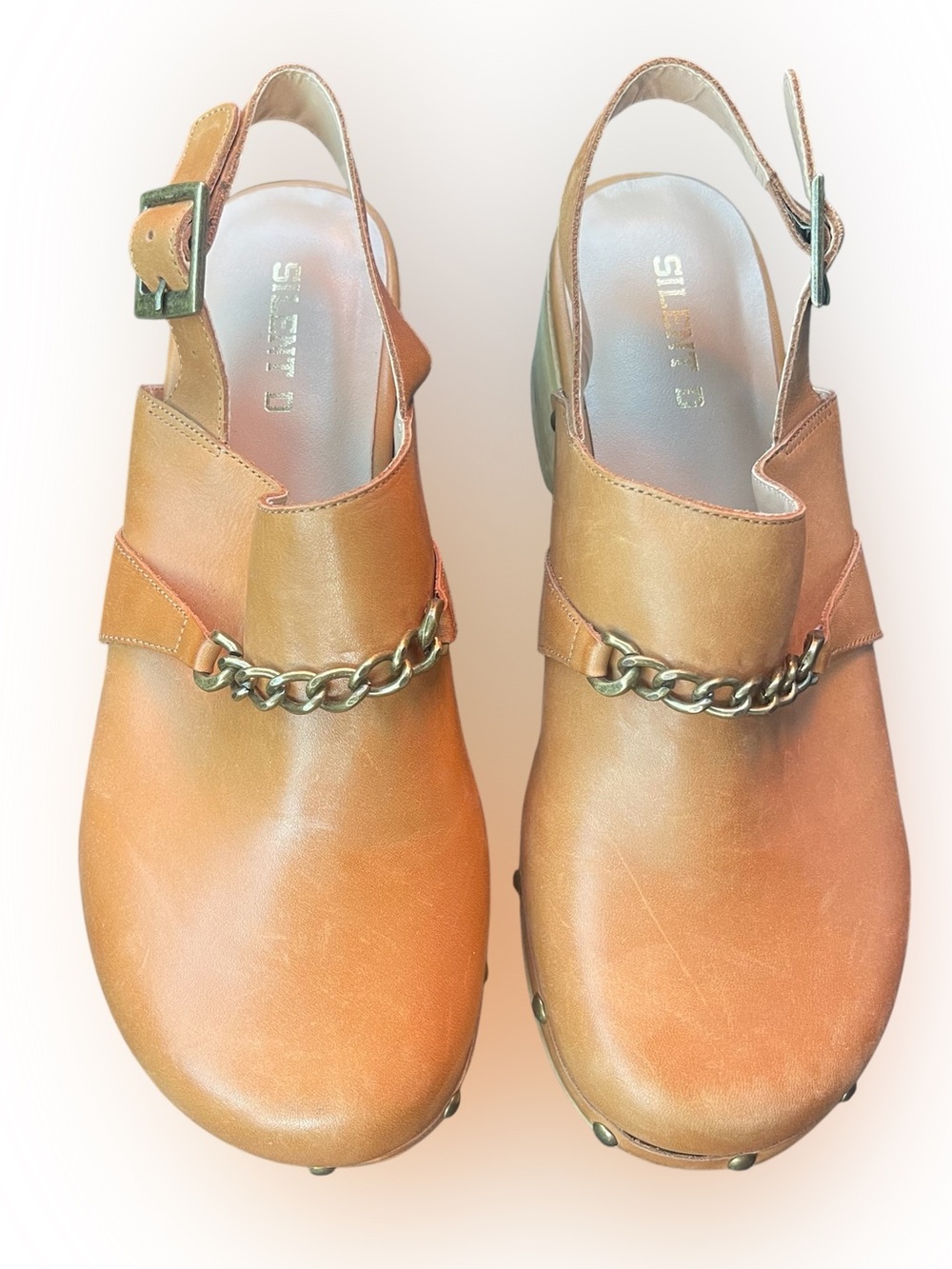 Silent D GEORGIA Tan Leather Slingback Clogs with Chain Detail
